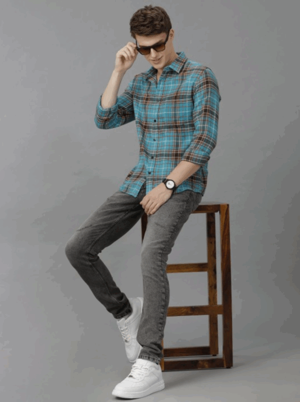 Men Classic Spread Collar Tartan Checked Cotton Slim Fit Casual Shirt
